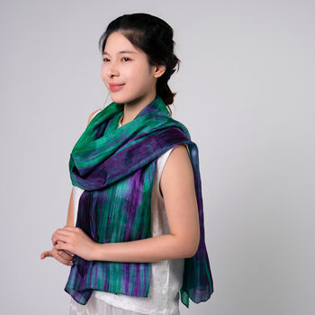 100% Mulberry Silk Scarf, Emerald Green Purple, Aurora Borealis In Gift Box, 2 of 9