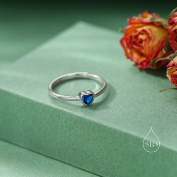 Sterling Silver Very Tiny Sapphire Blue Cz Heart Ring, 2 of 12