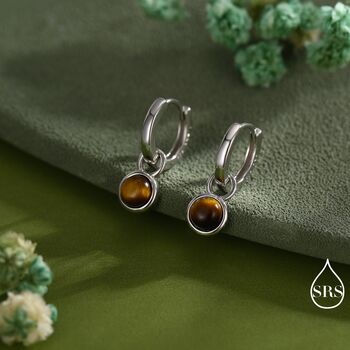 Sterling Silver Dangling Tiger's Eye Hoop Earrings, 3 of 11