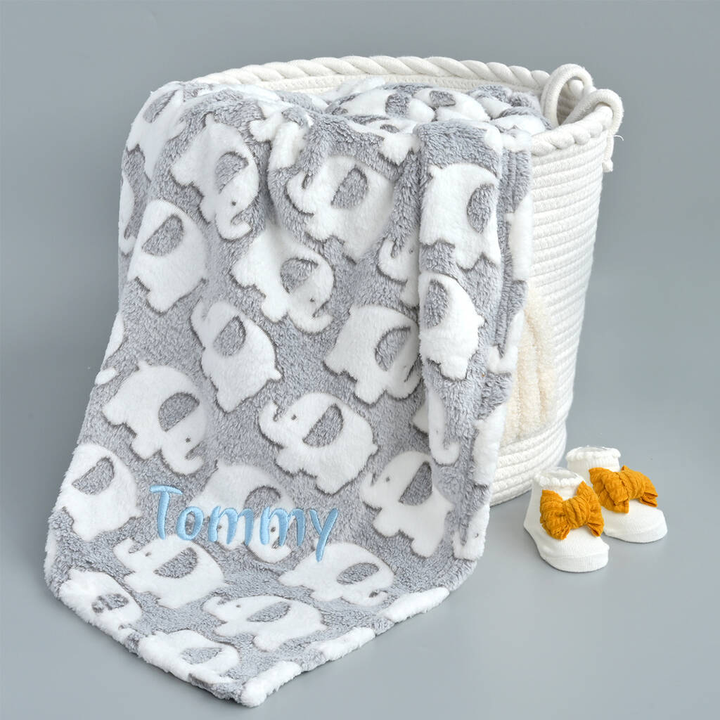 Personalised Unisex Grey Elephant Baby Blanket By KEEDD
