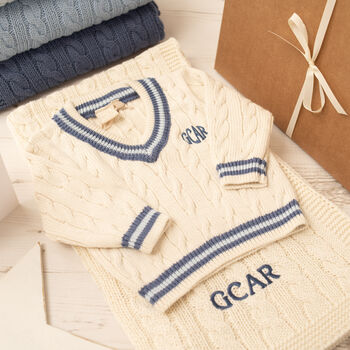 Baby Cricket Jumper And Cable Blanket Gift Set, 4 of 12