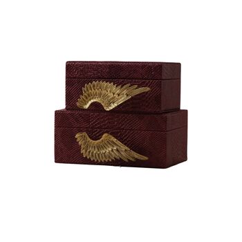 Handmade Burgundy Leather Box Set With Brass Wing Handles, 3 of 4