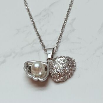 Pearl Shell Necklace – Opens To Reveal A Pearl, Silver Plated With Cubic Zirconia Detail, 4 of 8