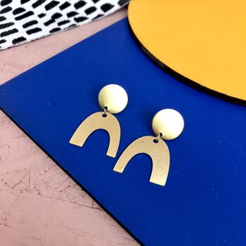 Geometric Brass Circle And Arc Abstract Drop Earrings, 3 of 9