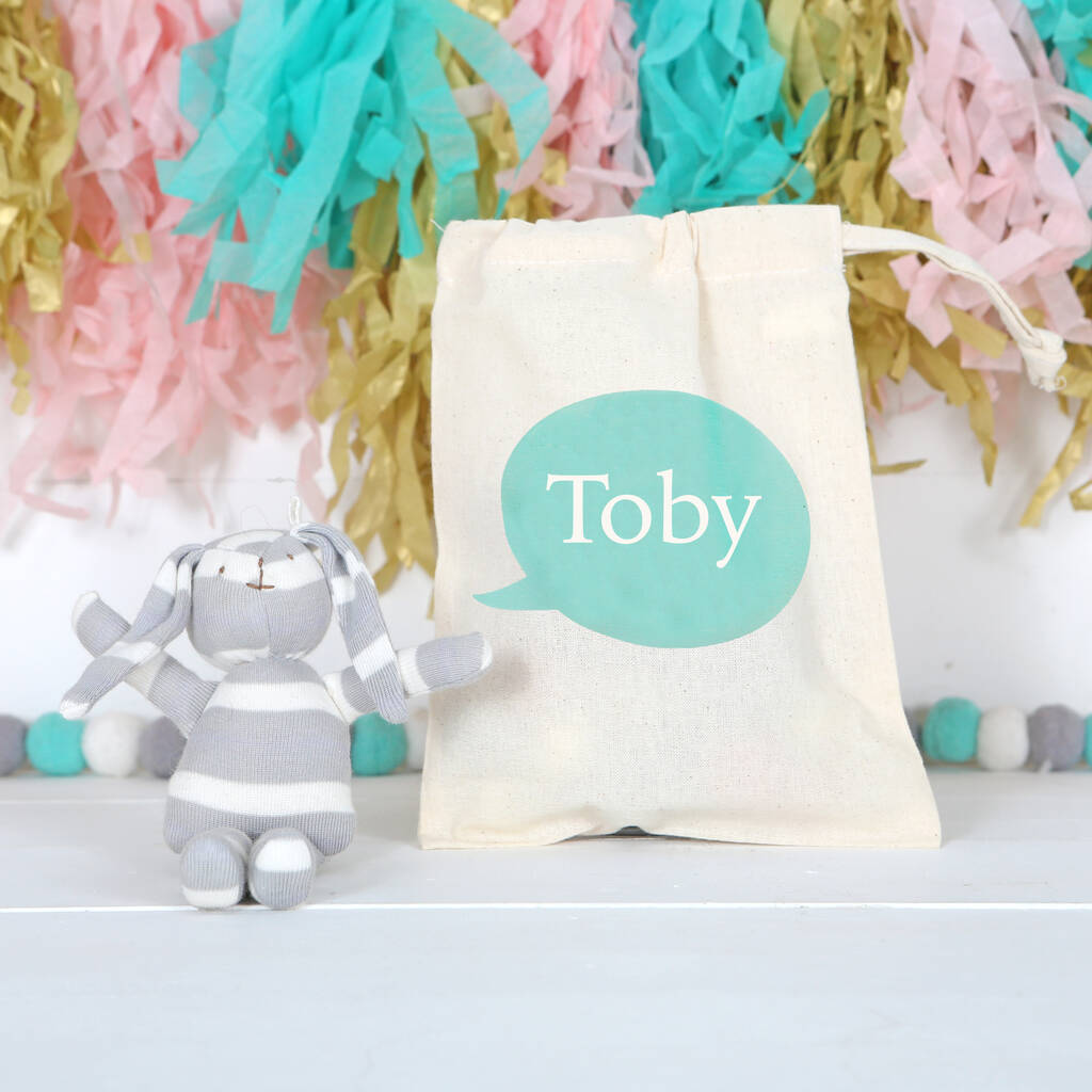 Grey Striped Bunny And Personalised Gift Bag, 1 of 2