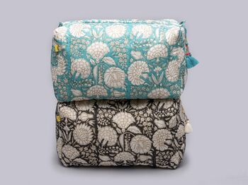 Majha Floral Pattern Quilted Cotton Washbag In Aqua, 5 of 5