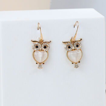 Zircon Moonstone Owl Earrings Gold/Silver Plated, 2 of 8