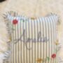 Hand Embroidered Personalised Cushion Blue Stripe With Frill Trim, thumbnail 2 of 8