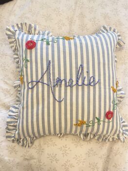 Hand Embroidered Personalised Cushion Blue Stripe With Frill Trim, 2 of 8