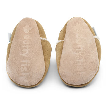 Dotty Fish Tan Soft Suede Baby And Toddler Slippers, 5 of 8