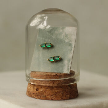 Raw Emerald Green Baguette Rectangle Stud Earrings, 2 of 6