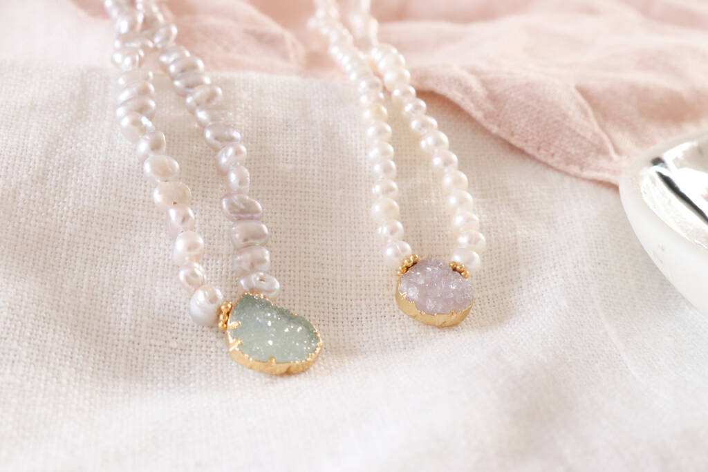 Druzy And Seed Pearl Necklace By Kathy Jobson