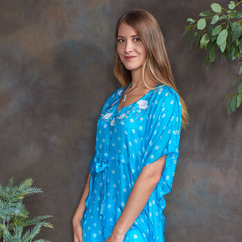 Turquoise Luxury Silk Embroidered Kaftan Top, 3 of 4