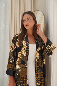 Black Unisex Batik Silk Blend Kimono Robe Jacket, 8 of 10