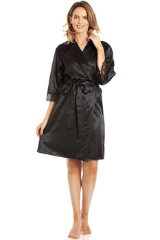 British Made Black Short Satin Dressing Gown With Lace Detail Ladies Size Eight To 28 UK, 2 of 5