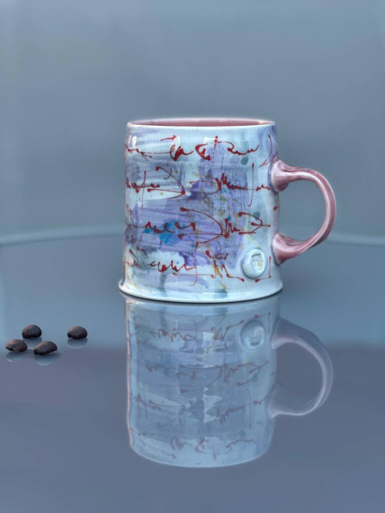 Handmade Ceramic Mug With Asemic And Pastel Brushwork, 1 of 5