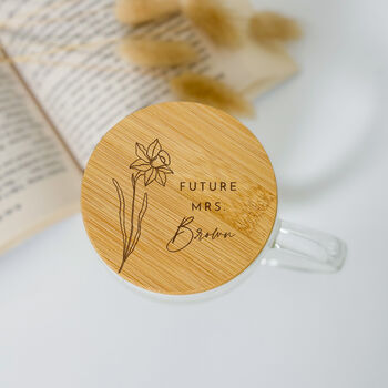Personalised Future Mrs Double Wall Glass Mug With Engraved Bamboo Lid, 3 of 5