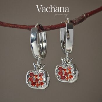 Platinum Plated Red Pomegranate Huggie Hoop Earrings, 2 of 6