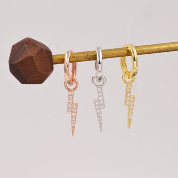 Sterling Silver Lightning Bolt Charm Huggie Hoop Earrings, 4 of 11
