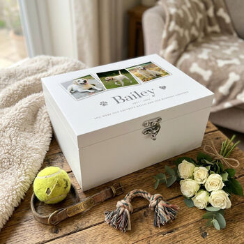 Personalised Three Photo Pet Memorial White Wooden Keepsake Box 22cm | 27cm | 30cm, 2 of 12