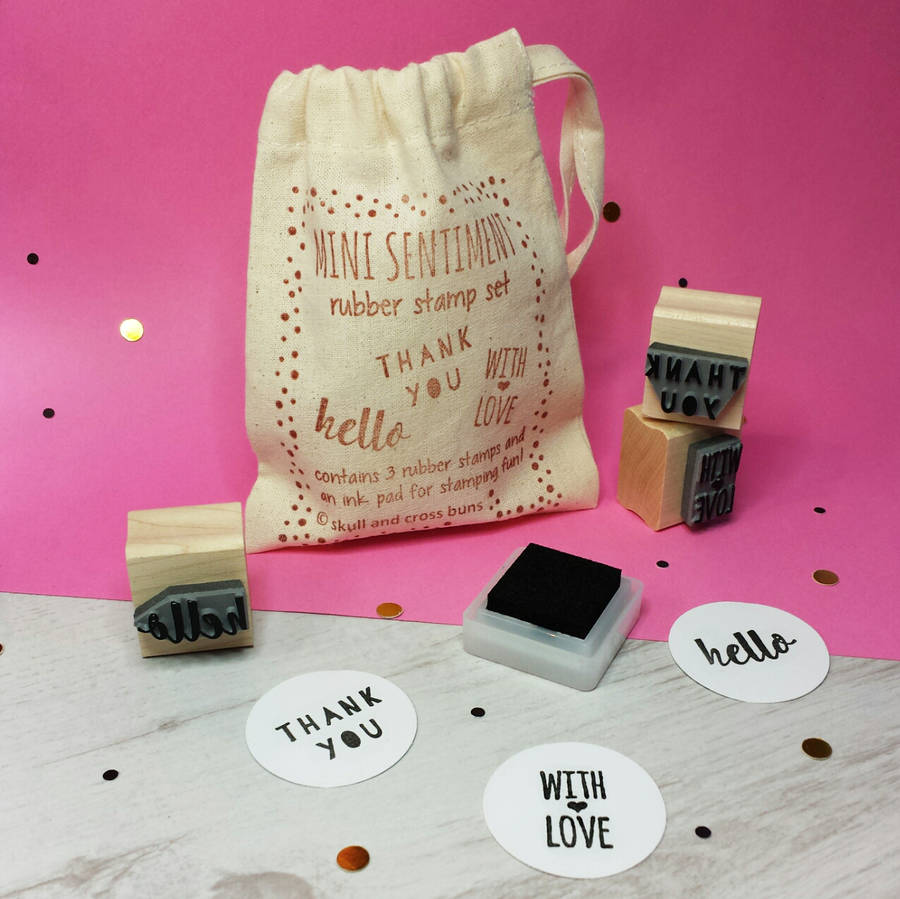 mini sentiment rubber stamp set by skull and cross buns rubber stamps