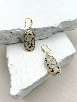 Dalmatian Jasper Rectangle Drop Real 18k Gold Plated Earrings, 2 of 3