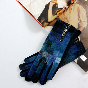 Merino Wool Gloves In Check With Zip Detail, 6 of 12