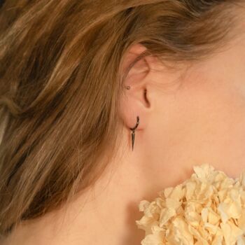 Black Sterling Silver Spike Drop Hoop Earrings, 2 of 9