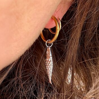 Mini Fish Textured Charm Slim Hoop Drop Earrings, 4 of 5