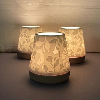 Porcelain And Beech Tealight Lantern With Gingko Design, 3 of 3