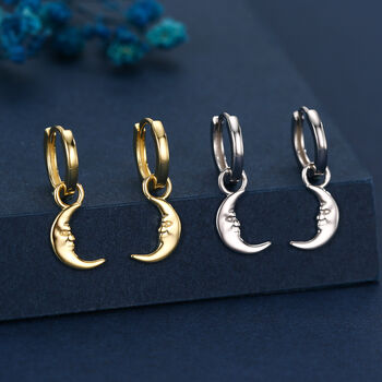 Sterling Silver Crescent Moon Face Hoop Earrings, 5 of 12