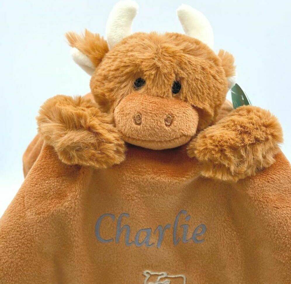 Brown Highland Cow Finger Puppet Soother, Personalised, 1 of 10