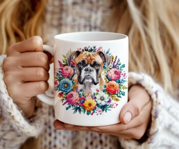 Personalised Boxer Summer Floral Dog Wreath Cushion And Mug Gift Bundle, 2 of 4