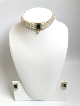 Green 18 K Gold Plated Pearl Indian Choker Set, 4 of 6