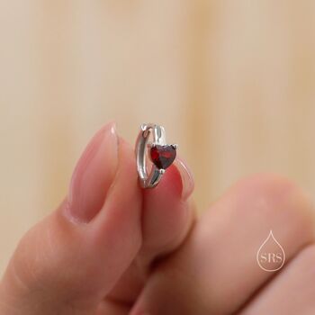 Garnet Red Heart Cz Huggie Hoop In Sterling Silver, 4 of 12