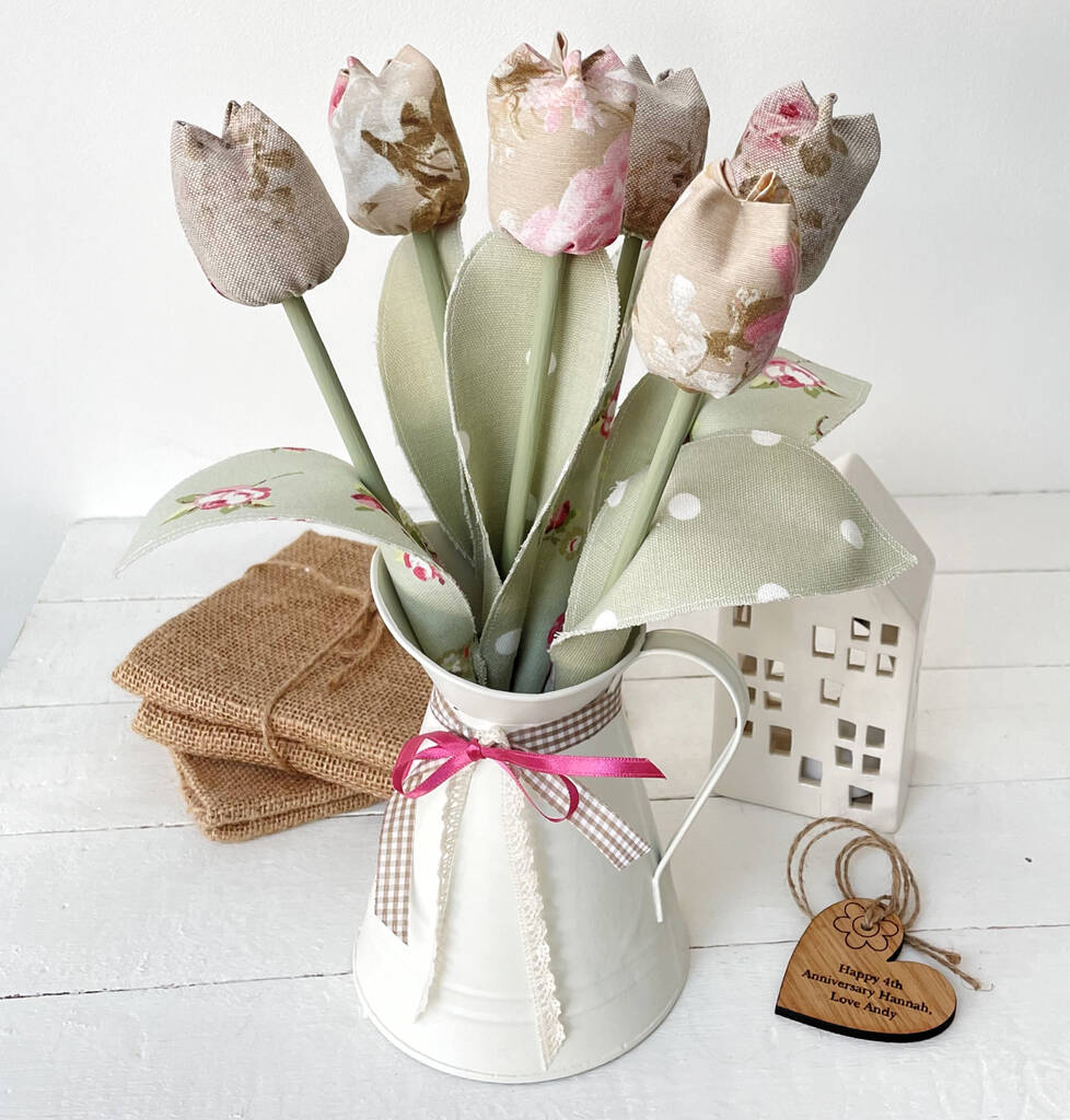 Handmade Linen Anniversary Tulips With Engraved Tag, 1 of 3