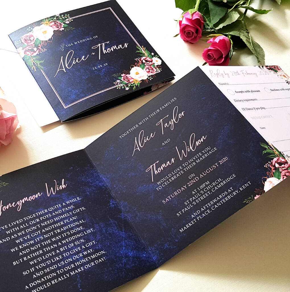Blush And Blue Trifold Wedding Invitations By Sienna Mai | notonthehighstreet.com