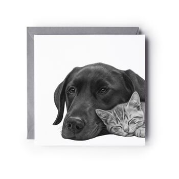 Best Friends – Labrador And Cat Cuddles Hand Drawn Greeting Card, 2 of 6