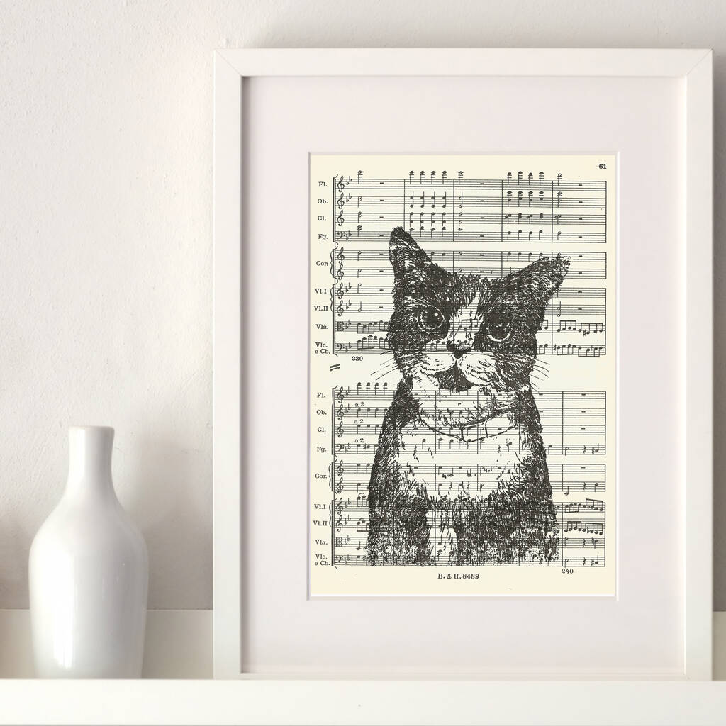 Cat Gocco Print On Vintage Sheet Music, 1 of 7