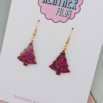 Red Wine / Hot Pink And Gold Glitter Christmas Tree Earrings Small And Large, 5 of 9