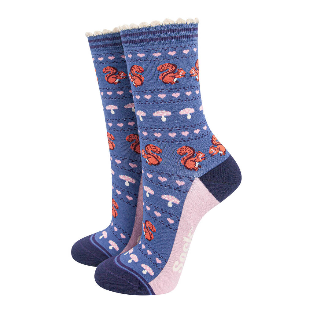 Red Squirrel Woodlands Bamboo Ankle Socks Women's Blue, 1 of 3