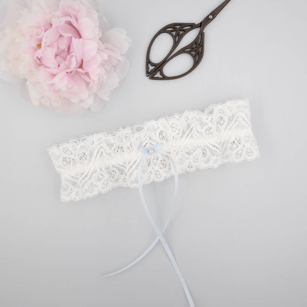 Wedding Garter With Ivory Lace And Something Blue Bow, 1 of 12
