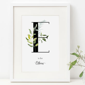 Personalised Lush Foliage Neutral Initial Nursery Print By Elinor Rose ...