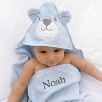 Personalised Blue Bear Hooded Baby Towel, 4 of 6