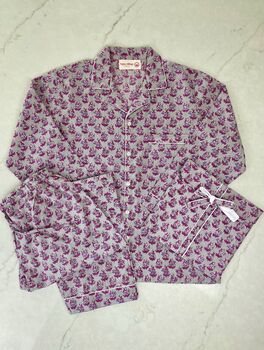 Mens Grey, Cotton Pyjamas With Mauve Print, 4 of 12