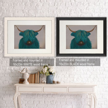 Highland Cow In Turquoise, Art Print Framed Or Unframed, 4 of 9