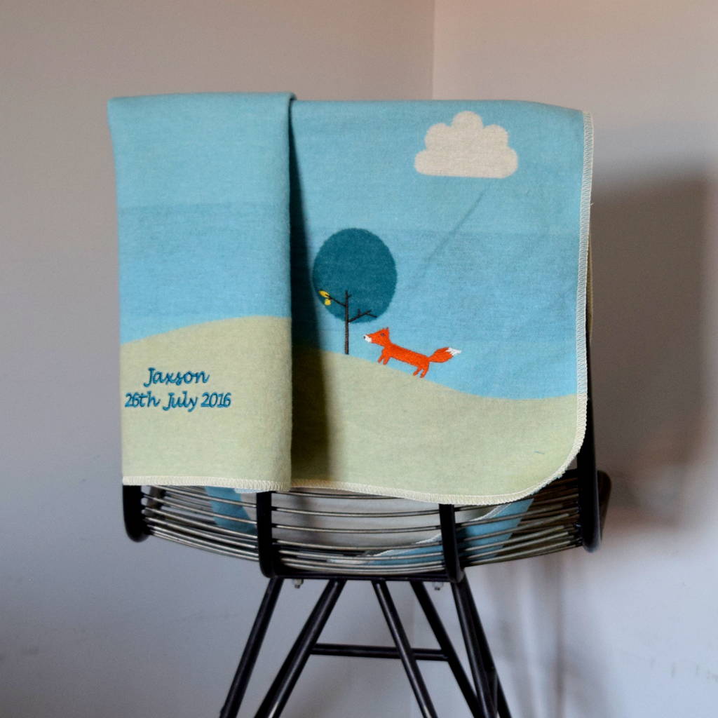 Personalised Scandi Fox Blue Baby Blanket By The Alphabet Gift Shop