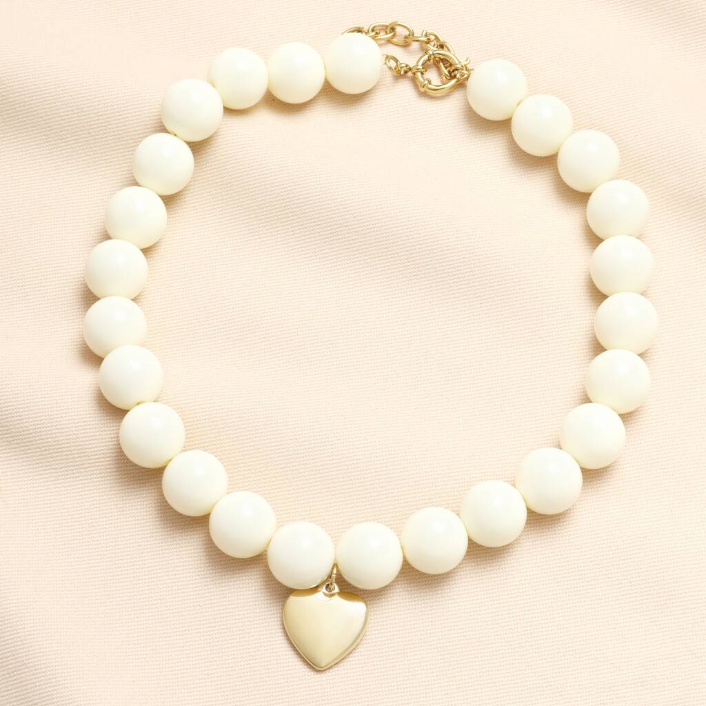 Cream Beaded Heart Charm Pendant Necklace In Gold Plating, 1 of 4