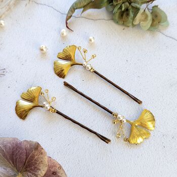 Gold Ginkgo Leaf Bridal Hair Pins, 4 of 7