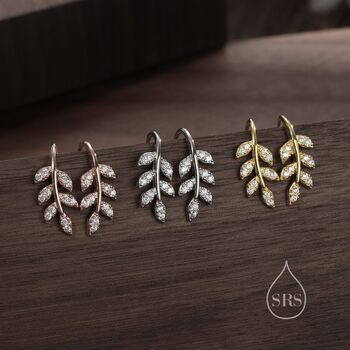 Cz Leaf Mini Crawler Earrings In Sterling Silver, 3 of 9